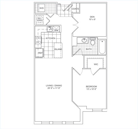 Floor plan for 1 bed, 1 bath, 843 sqft